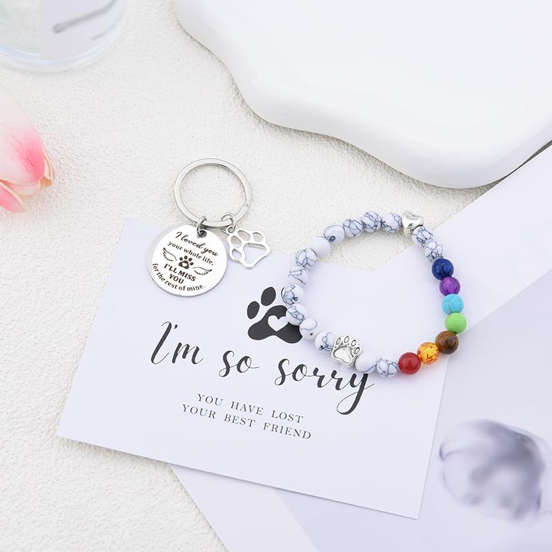 Pet Memorial Gifts Rainbow Bridge Bead Bracelet for Pet Loss Sympathy Gift Card Dog Memorial Keychain for Women Men Bereavement Gifts for Dogs Cats 8MM 7 Chakra Bracelet for Pet Lovers Gift Set