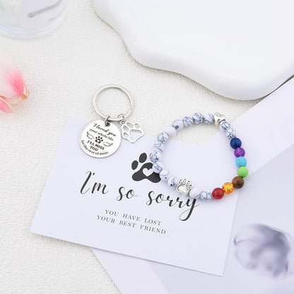 Pet Memorial Gifts Rainbow Bridge Bead Bracelet for Pet Loss Sympathy Gift Card Dog Memorial Keychain for Women Men Bereavement Gifts for Dogs Cats 8MM 7 Chakra Bracelet for Pet Lovers Gift Set