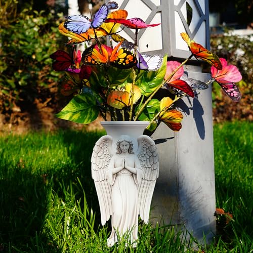 Solar Angel Grave Decorations - Metal Silhouette Memorial Stake with Butterfly Lights, Flat Garden Decor for Cemetery, Sympathy Gift(Angel with Flowers) - style: Angel with Flowers