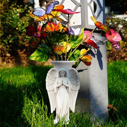 Solar Angel Grave Decorations - Metal Silhouette Memorial Stake with Butterfly Lights, Flat Garden Decor for Cemetery, Sympathy Gift(Angel with Flowers) - style: Angel with Flowers