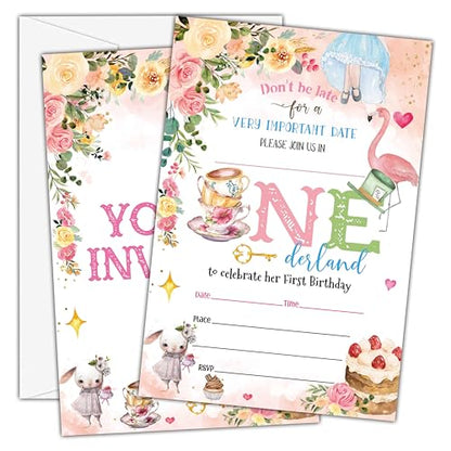 Birthday Invitations - Wonderland 1st Birthday Invites with Envelopes(25-Count) - Floral Garden Fill-in Party Invite Cards for Girls Kids Party Supplies Favors Decorations - A09 - style: Wonderland 1st