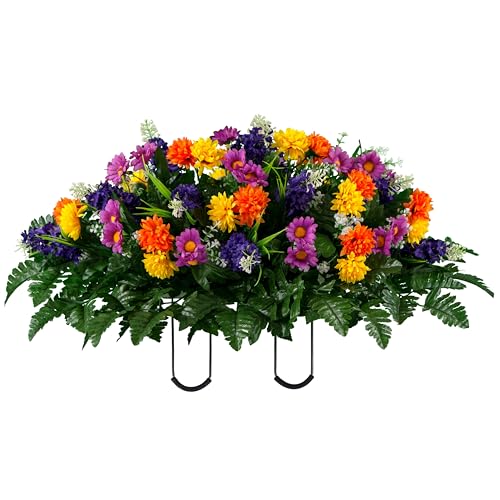 Sympathy Silks Artificial Cemetery Flowers – Realistic Wildflower Outdoor Grave Decorations - Purple Violet Wildflower Saddle for Headstone - color: Purple Violet, size: Saddle