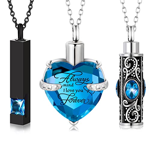 MTLEE 3 Pieces Cremation Urn Necklace for Ashes Vertical Bar Zircon, Heart Crystal Necklace Urn Stainless Steel Waterproof Memorial Pendant - color: Lake Blue Zircon