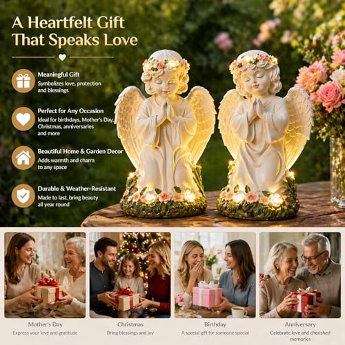 Amyhill 2 Pack Angel Garden Decor Statue Solar Outdoor Figurine Angel Gifts for Women Mom Grandma Light up Cherub Ornaments Outside Yard Lawn Patio Porch Sculpture Decorations