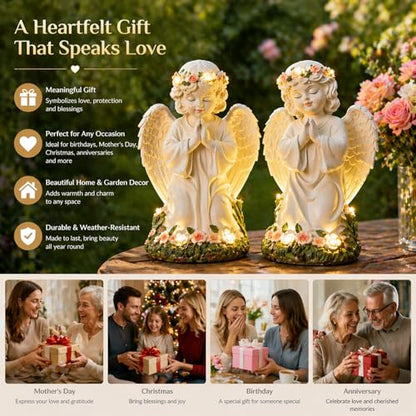 Amyhill 2 Pack Angel Garden Decor Statue Solar Outdoor Figurine Angel Gifts for Women Mom Grandma Light up Cherub Ornaments Outside Yard Lawn Patio Porch Sculpture Decorations