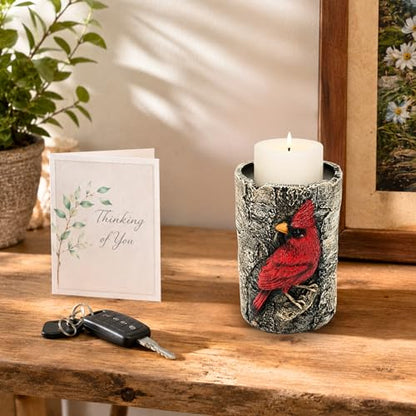 Cardinal Tealight Candle Holder, Faux Birch Resin Wood Decor, Rustic Votive Altar Centerpiece, Outdoor Garden or House Accent, Unique Bird Lover Unique Gifts for Women, Grandma & Mother in Law