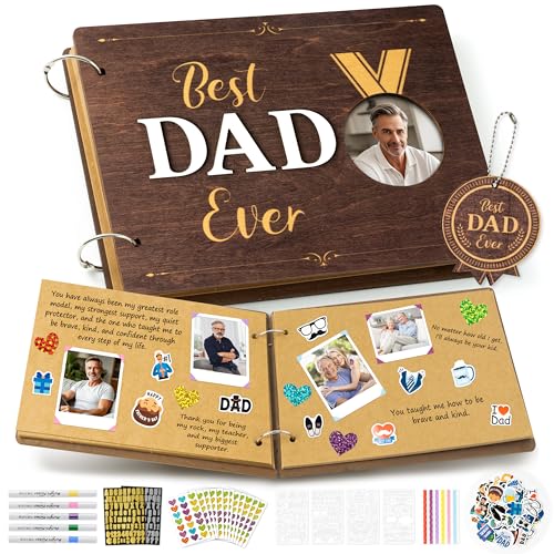 CY2SIDE Best Dad Ever Album Scrapbook - Father’s Day Wooden Scrapbook Craft Kit, DIY Photo Memories Book with 30 Pages Birthday Gift for Father’s Day, DIY Handmade Scrapbook Gift for Dad Grandpa - style: Best Dad Ever