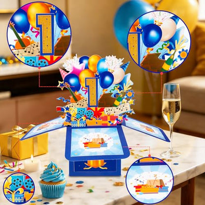 GREETING ART Happy 1st Birthday Pop Up Card,Funny Guitar Ballons Box Themed - color: 1st