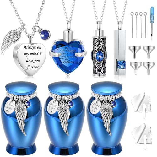 7Pcs Heart Urn Necklace for Ashes Keepsake Cremation Jewelry Small Urns for Human Ashes Memorial Cremation Urns for Loss of Loved One Memorial Container - color: Blue