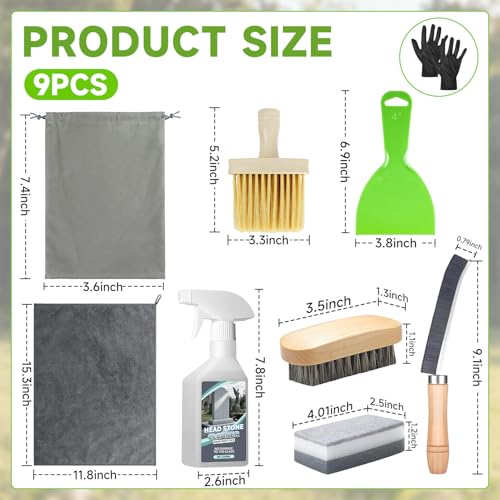 9 PCS Headstone Cleaner Gravestone Cleaning Kit for Granite and Stone Daily Cleaner Includes Brush, Dust Brush, Crevice Brushes, Gloves, Scraper, Sponge, Cloth, Headston Cleaning Solution, Storage Bag