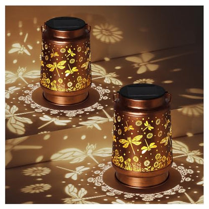 2 Pack Dragonfly Solar Lanterns Outdoor Waterproof Rose Garden Decor Gifts for Women Mom Grandma Hanging Solar Lights Metal Lantern Decoration Outside for Yard,Patio,Backyard,Porch - style: F. 2 Pack Dragonfly Lantern