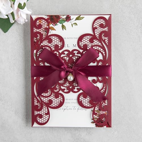 20Pcs Burgundy Laser Cut Wedding Invitation Cards With Envelopes - color: Burgundy