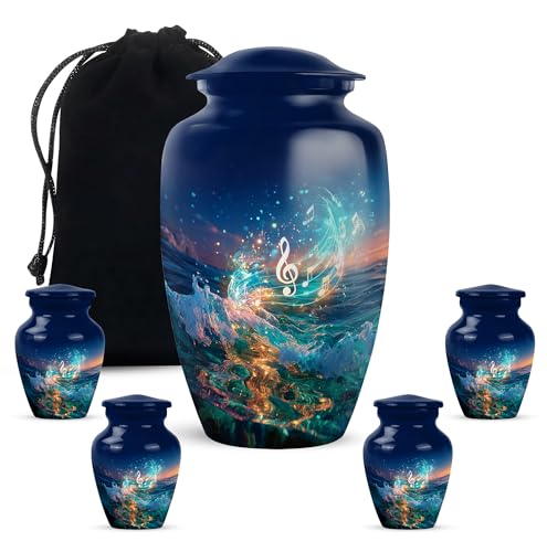 Yatskia Blue Music Large Funeral Burial Urns for Human Ashes Adult Male and Female, Mini Cremation Keepsake Urn for Ashes Adult Dad, (Classic 10 Inch and 3 Inch) - color: #5 Music, size: Combo Pack of 5