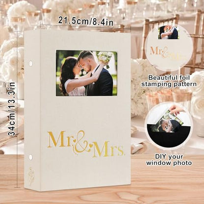 Lanpn Wedding Photo Album 4x6 300 Pocket Photos Slip in, Linen Cover Large Capacity Newlywed Marriage Window Album Hold 300 Horizontal Photos (Mr & Mrs, Beige) - color: Beige, size: 300 Photos