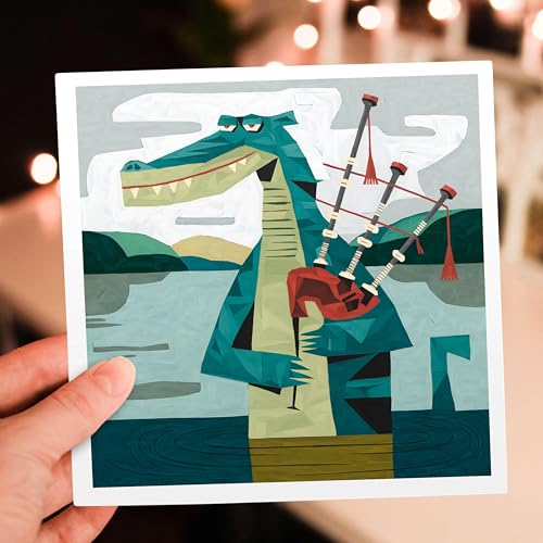 3dRose Funny Cool Loch Ness Monster Playing Bagpipes Music Abstract 1 Greeting Card with envelope - size: 5.5”