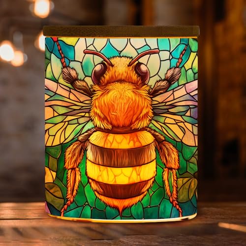 Stained Glass Bee Tea Light Candle Holder with Bamboo Lid, Country Flowers Decorations Light Glass Tealight Holder, LED Candle Tealight Jar for Birthday,Wedding,Home Decor - color: Bee