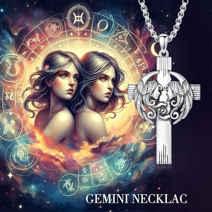 PROESS Cross Necklace for Women Men Sterling Silver Rose/Sunflower Cross Pendant Religious Jewelry Christmas Birthday Mothers' Day Gifts - color: 01-08-Gemini