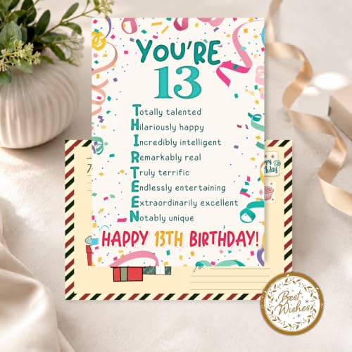 13th Birthday Card, 13 Birthday Card for Teen with Seal and Envelope, Birthdayy Cards for 13 Year Old Girl Boy, Fun Happy 13th Birthdayy Cards for Son Daughter Grandson Granddaughter Niece Nephew - color: 13th