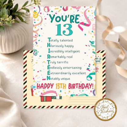 13th Birthday Card, 13 Birthday Card for Teen with Seal and Envelope, Birthdayy Cards for 13 Year Old Girl Boy, Fun Happy 13th Birthdayy Cards for Son Daughter Grandson Granddaughter Niece Nephew - color: 13th
