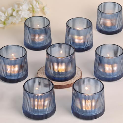 Blue Ribbed Tealight Votive Candle Holders Set of 10 | Votive Candle Holders for Table Centerpiece, Tea Light Candle Holder Glass for Wedding and Home Decor, Blue Decor and Gifts - color: Blue, size: 10Pcs