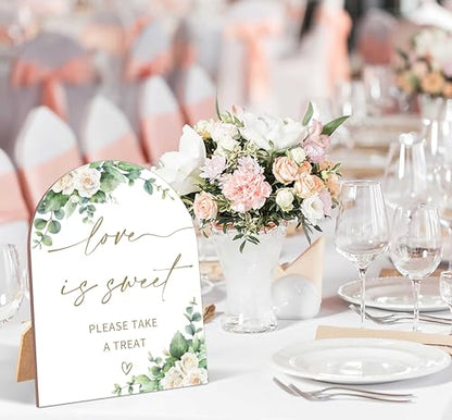 White Rose Love is Sweet Sign, Wedding Ceremony Signs, 6 x 8 Inch Arch Wooden Tabletop Sign with Stand, Wedding Reception Decoration Supplies (BJ05) - color: Love is Sweet