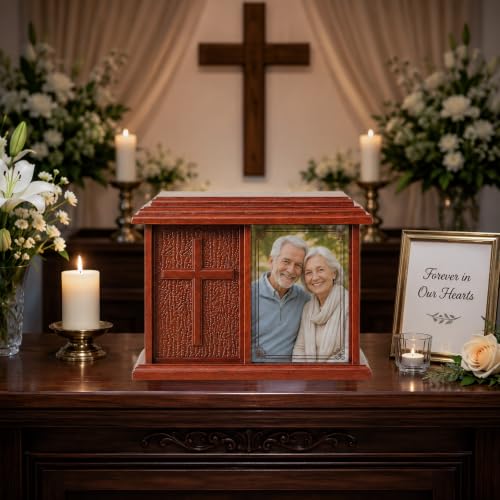 Double Companion Urn for 2 Adults Holds Up to 400 Cubic Inches Wooden Cremation Urn for Human Ashes with 4 x 6 Photo Frame Carved Cross Memorial Urn for Husband Wife Parents