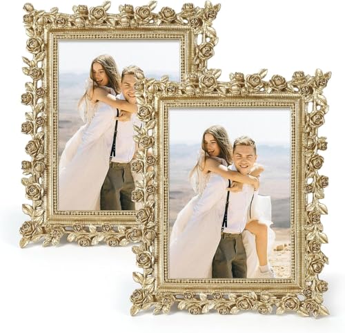 5x7 Wedding Picture Frame Gold,2 Pack Small Frame for Gallery Decor | Durable Resin Material,Tabletop & Wall Display,Real Glass,Rose Floral Design,Antique Brass Finish,Wedding Arrangement Decor - color: Gold, size: 5x7"