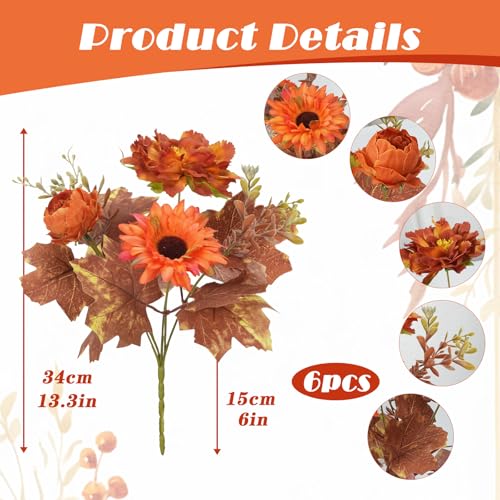 13in 6Pcs Fall Artificial Sunflower, Burnt Orange Flowers for Grave - color: Caramel Dahlia