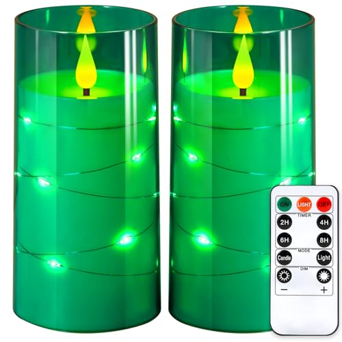 NURADA Flickering Flameless Candles: Built-in Star String Acrylic Battery LED Pillar Candles Candles with Remote and Timer for Home Party Weddings Christmas Halloween Decor -Green 2 Pack - color: Green, size: 6-6 inches