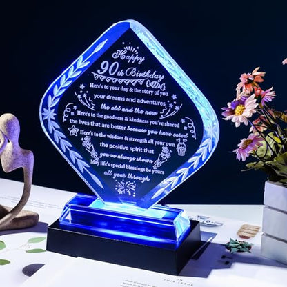 YWHL 90th Birthday Gifts for Men Women Happy 90th Birthday Decorations Crystal 90 Year Old Gift Ideas for Wife Mom Dad Husband Grandma Who Born in 1935 - style: 90th Birthday Gifts+Light Base