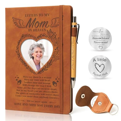 Letters to My Mom in Heaven:3 Pcs Memorial Gifts for Loss of Mom A5 Grief Journal Travel Diary with Heart Photo Window in Cover, Pocket Hug PU Leather Keychain& Pen, Loss of a Mother Sympathy Gift - style: Mom