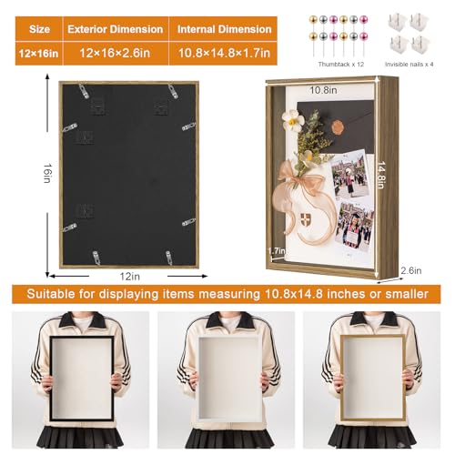 12x16 Large Shadow Box Frame with Thickened Acrylic Panel & Pins | With Push Pins, Deep 1.7" Brown Shadow Box Display Case – Display on Tabletop or Wall for Jersey, T-shirt, Keepsake, Wedding - color: Brown+high Definition Panel + Shatter-proof Packaging,