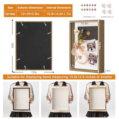 12x16 Large Shadow Box Frame with Thickened Acrylic Panel & Pins | With Push Pins, Deep 1.7" Brown Shadow Box Display Case – Display on Tabletop or Wall for Jersey, T-shirt, Keepsake, Wedding - color: Brown+high Definition Panel + Shatter-proof Packaging,