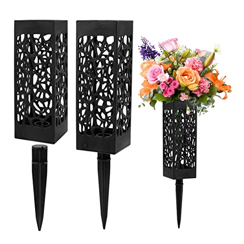 Cemetery Vases for Grave with Stakes, 2 Pack Grave Flower Holders | Cemetery flower holder set with stakes and drain holes for grave flowers, headstones, gravesites, and memorial markers - color: Black