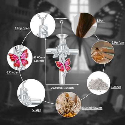 SOULMEET Enamel Butterfly Cross Urn Necklace for Ashes, Cross Moissanite Butterfly Ashes Necklaces with Forever in My Heart Engraved Keepsake Cremation Locket Jewelry for Women Men - color: F-Pink, style: Non Custom