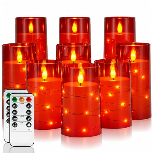 Homemory 9 Pcs Flameless Candles with Embedded Star String Fairy Lights, Battery Operated Candles, LED Candle, Fake Candles with Remote Control and Timer (Red) - color: Red, size: D3"x H5"5"5"6"6"6"8"8"8"