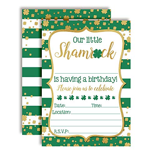 Our Little Shamrock St. Patrick’s Day Birthday Party Invitations, 20 5x7 Fill In Cards with Twenty White Envelopes by AmandaCreation - style: Our Little Shamrock