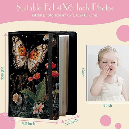 Photo Album 4x6 Photos - 60 Photos Capacity PU Leather Cover Photo Album with Strong Elastic Band, Portable Picture Album for Family Wedding Wedding Anniversary, Aesthetic Butterfly Flower - color: Aesthetic Butterfly Flower