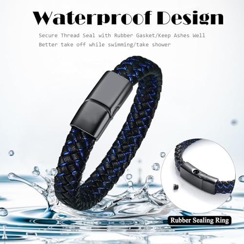 zeqingjw Cremation Memorial Urn Bracelet Made of Genuine Leather, Stainless Steel Cremation Bangle Keepsake Urn Bracelet for Ashes - color: Blue-20CM