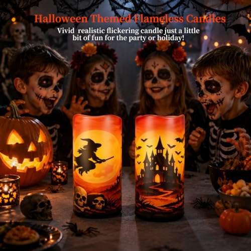 Amagic 3"x6" Halloween Flameless Candles, Waterproof LED Pillar Candles - color: Witch + Castle, size: 2 Pack, D3"xH6"