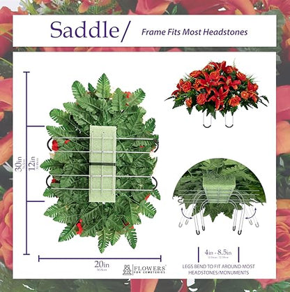 Sympathy Silks 30" Headstone Flower Saddle Artificial Cemetery Flowers - Gravesite Flowers - Fire Red Lily, Rose, and Daisies - color: Fire Red, size: Saddle