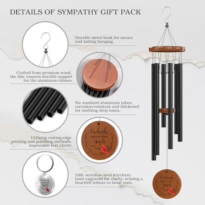 Cardinal Wind Chimes and Remembrance Keychain, Cardinal Sympathy Memorial Bereavement Condolence Gift Baskets in Memory of Loss of Loved One, Mother Father Grandma Grandpa Wife Husband Brother Sister