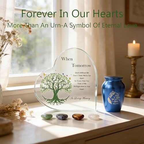 Tree of Life Small Urn,Crystal Heart Mini Urn with Blue Tiny Urn & Four Heart-Shaped Stones,Small Keepsake Urns for Human Ashes Memorial Urn for Mom/Dad's Ashes Tiny Cremation Sharing Urn