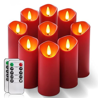 Homemory Christmas Flameless Candles, Battery Operated Candles with Remote Timers, Electric Fake Candles for Home, Christmas Decoration, Made of Plastic, Red/Burgundy, Set of 9 | Plastic shell, battery operated flickering c, les, dual remotes, indoor Hall