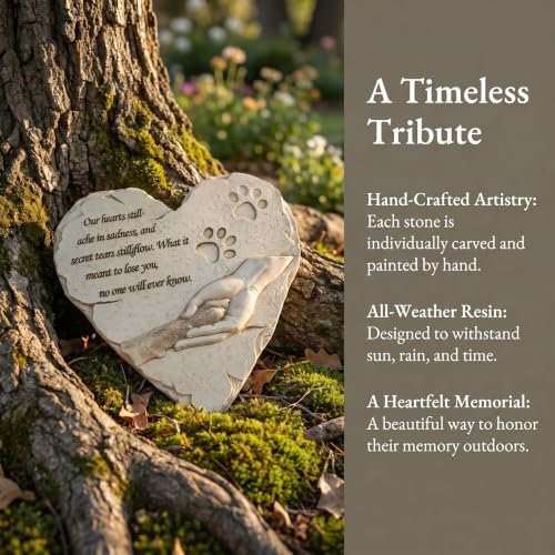 jinhuoba Dog Pet Memorial Stones, Heart-Shaped Loss of Pet Dog Grave Stone Headstones Memorial Gifts Remembrance Gifts with Sympathy Poem and Paw in Hand Design, Resin, White, 9.7" X 9.3"