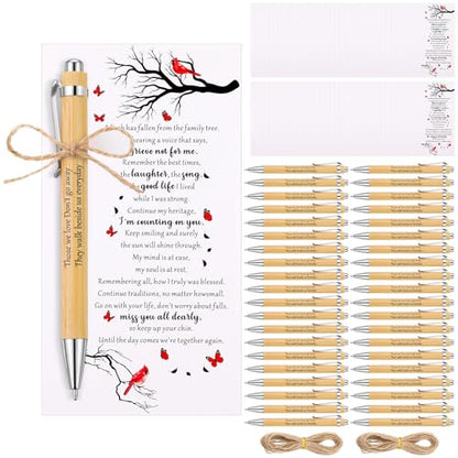 100 Set Memorial Funeral Favors Include Cardinal Prayer Cards and Bamboo Ballpoint Pens Funeral Pocket Token for Guest Sympathy Remembrance Gifts for Loss of Loved One