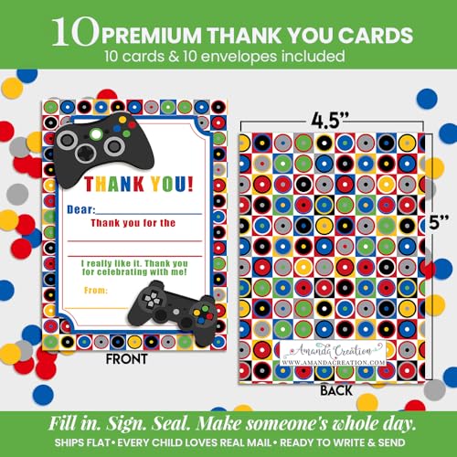 Amanda Creation Video Game Thank You Cards, 10 Pack 4x5.5 Kids Thank You Cards Fill in the Blank with White Envelopes, Game On Gamer Birthday Notes, Made in USA - style: Game On Video Gamer