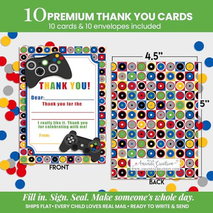 Amanda Creation Video Game Thank You Cards, 10 Pack 4x5.5 Kids Thank You Cards Fill in the Blank with White Envelopes, Game On Gamer Birthday Notes, Made in USA - style: Game On Video Gamer