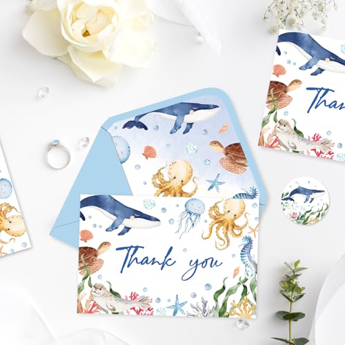 FYSUIMU 24 Pack Ocean Thank You Cards Blue Cartoon Under The Sea Note Cards with Envelopes Stickers Marine Animals Blank Greeting Card for Summer Birthday Baby Shower - style: Sea Animals