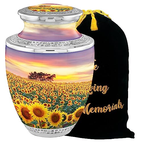 Flower Cremation Urns for Adult Ashes Male Female - Handcrafted Funeral Decorative Urns for Ashes Adult Male with Velvet Bag (Flourished Sunflower Fields No Medallion - color: Flourished Sunflower Fields No Medallion Fast Shipping